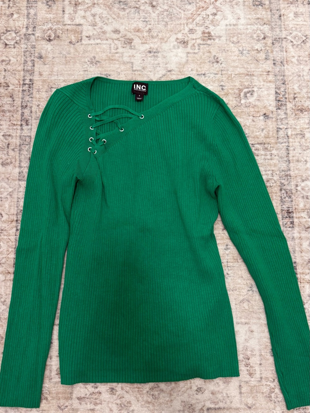 INC International Concepts Green Ribbed Lace-Up Long Sleeve Top